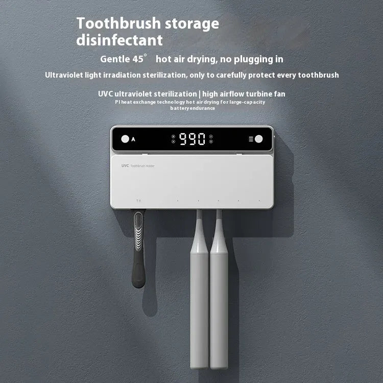 Black toothbrush sterilizer with UV disinfection and automatic drying, wall-mounted on tile with drill-free adhesive