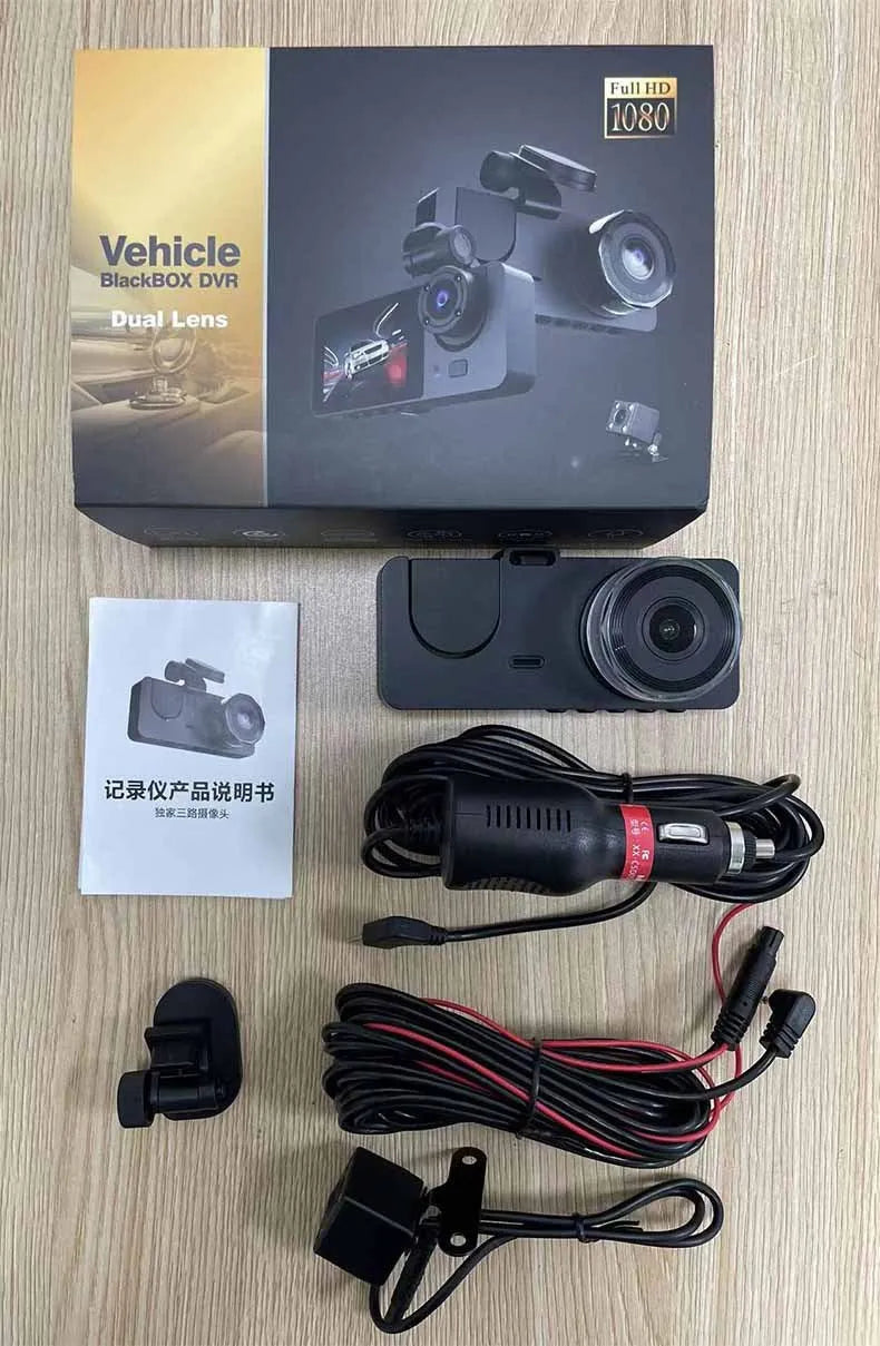 Black car dashcam with touch screen displaying front and rear HD 1080P video recording