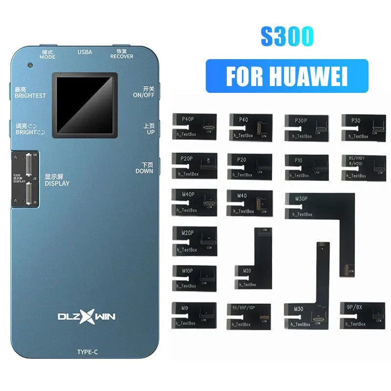 S300 mobile phone screen tester assembly tool for Huawei models on a repair bench.
