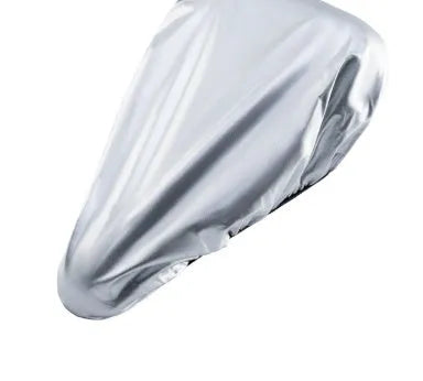 Silver bike saddle rain cover in average size, made from 100% polyester, for outdoor cycling and unisex bicycles