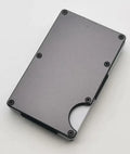 Aluminium alloy grey carbon fibre credit card wallet with RFID blocking, showing seven card slots.
