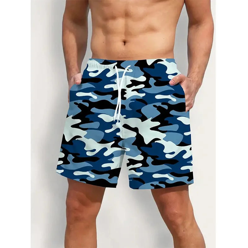 Men's polyester beach shorts in multiple colours with streetwear print design.