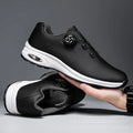 Women's low-top black mesh casual sneakers with white composite sole and lace-up closure.