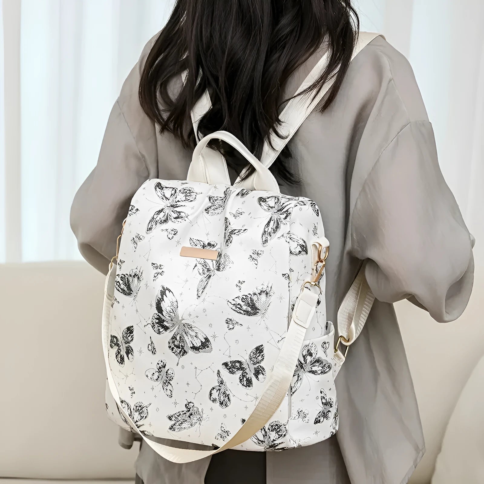 Butterfly printed PU leather backpack with physiological curve backplate in multiple colour options