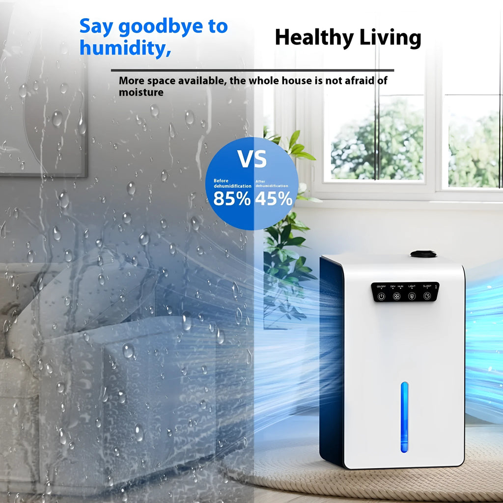 Milky white household dehumidifier for bedrooms and small rooms up to 20 square metres.