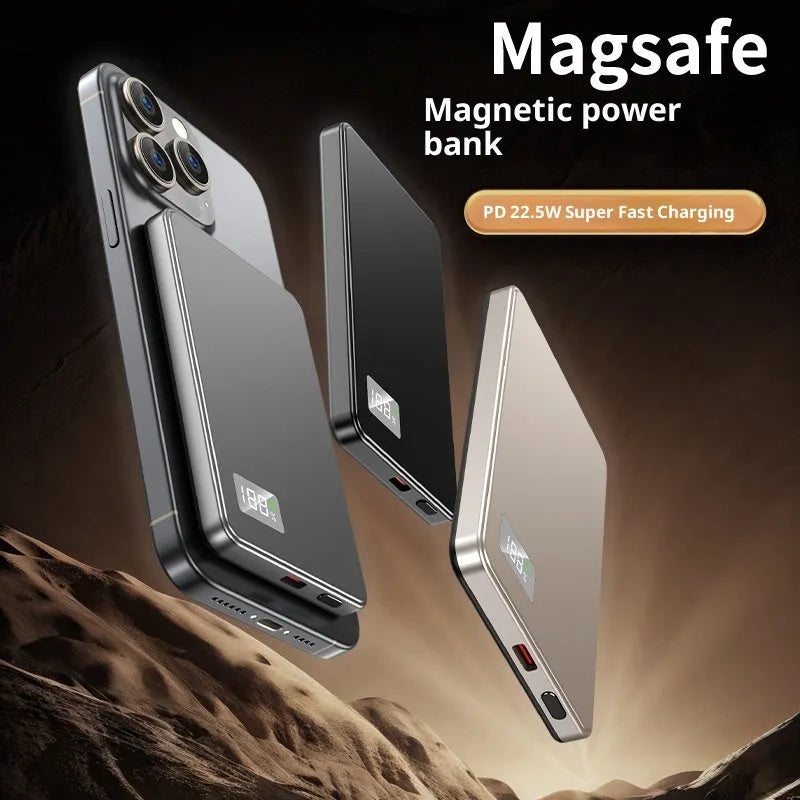 Ultra-thin magnetic power bank with lanyard, alloy shell, and digital display