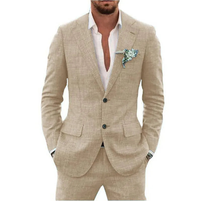 Men's slim fit wedding suit with hemp blend linen fabric in light business styling