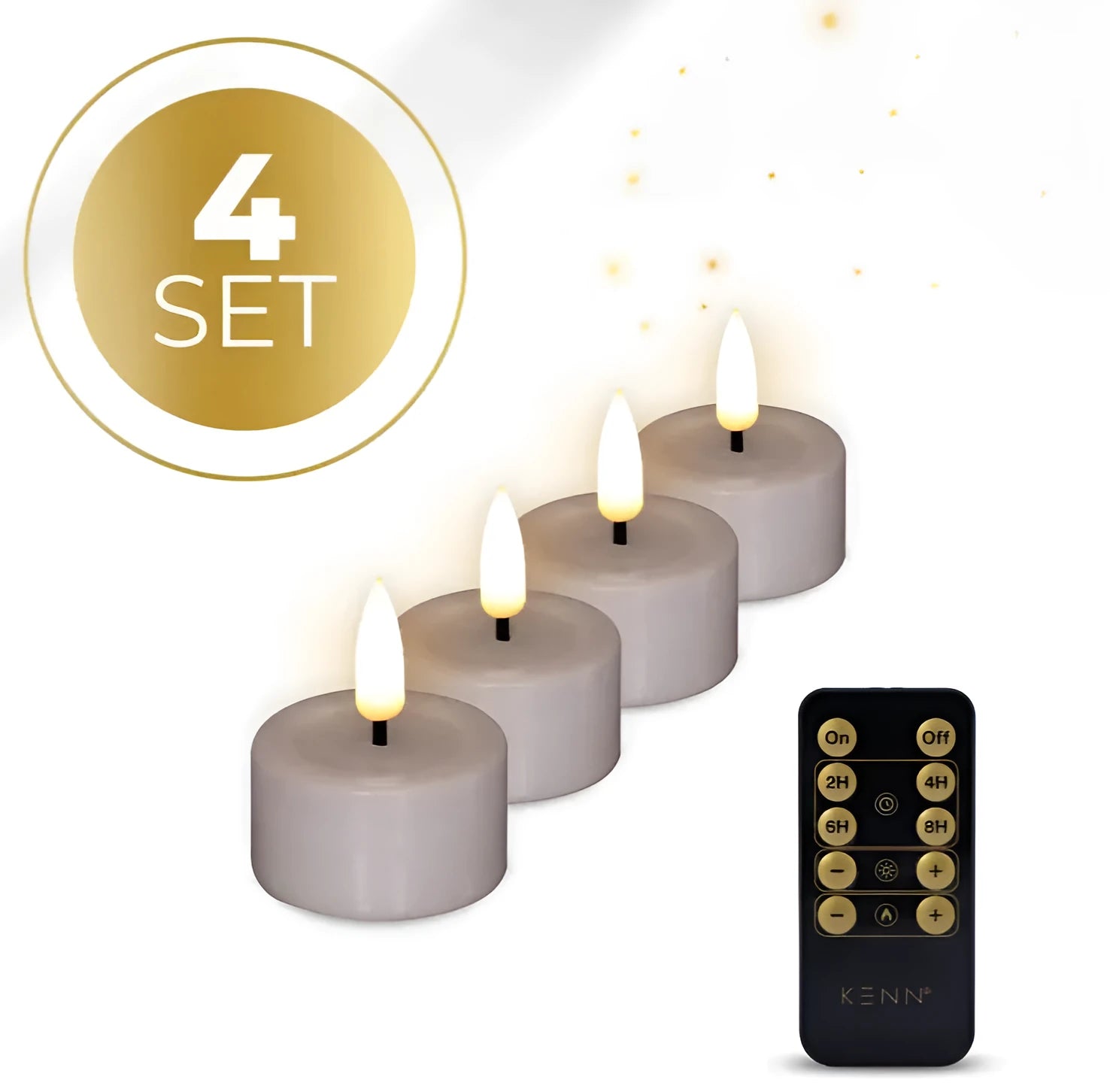 Four taupe-coloured LED tealight candles showing flickering flame effect, next to a ruler showing 4.1cm diameter.