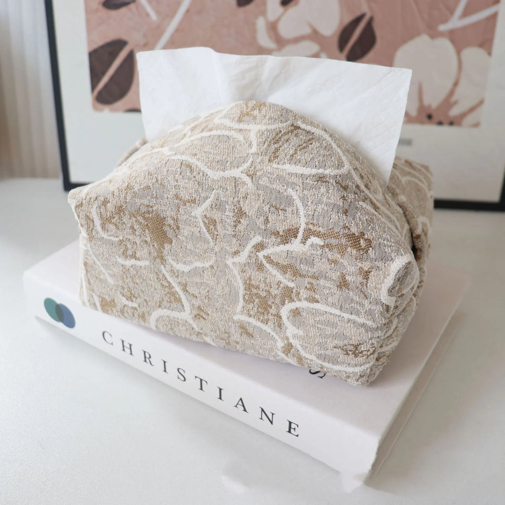 Chinese pastoral style cotton fabric tissue box in beige, blue, or brown.