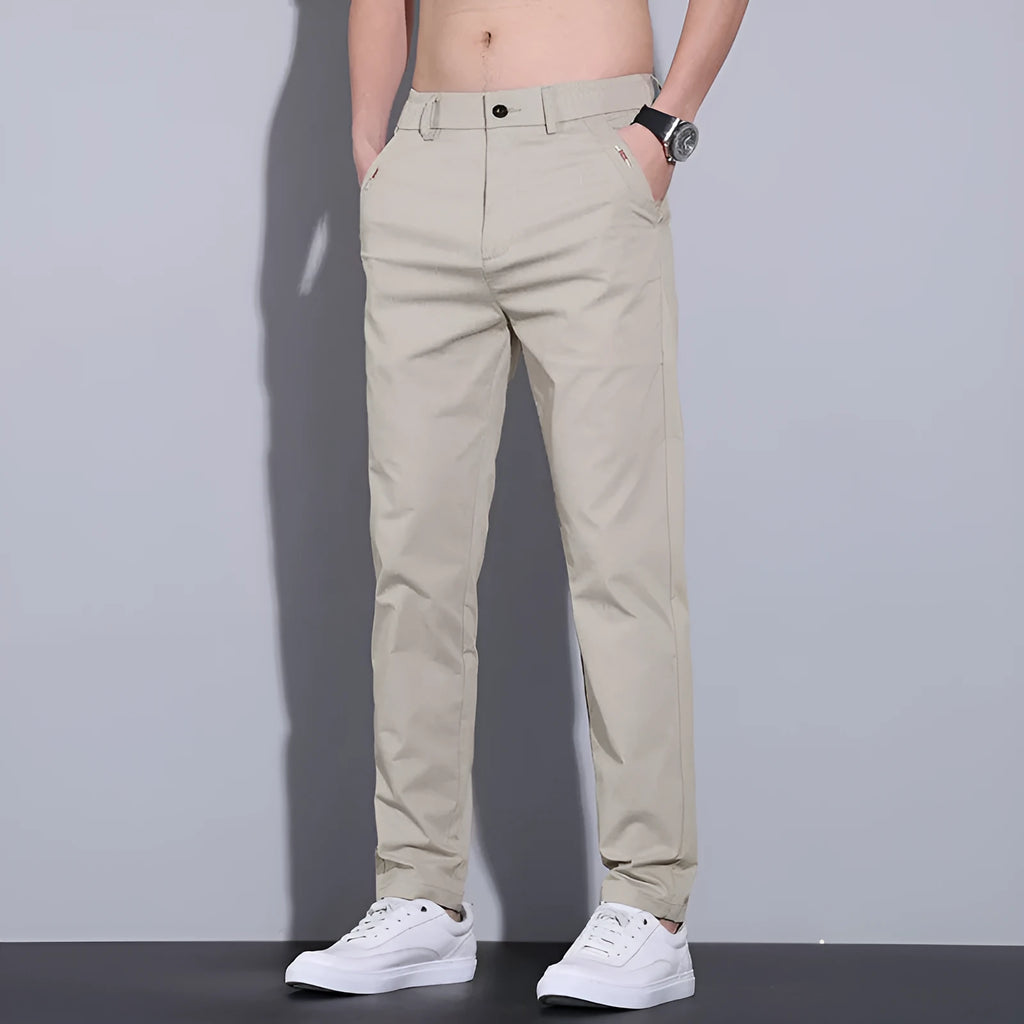 Men's straight-leg cotton trousers with slim fit and micro-elastic waistband in light khaki colour