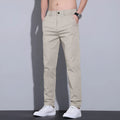 Men's straight-leg cotton trousers with slim fit and micro-elastic waistband in light khaki colour