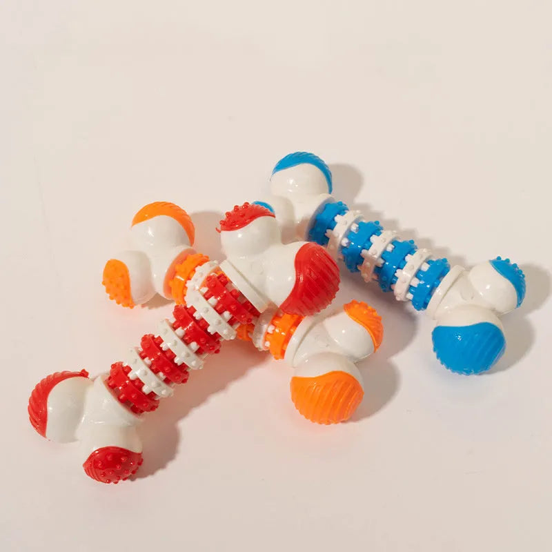 Blue bone-shaped interactive dog toy with chewable ends and centre treat holder for small breeds