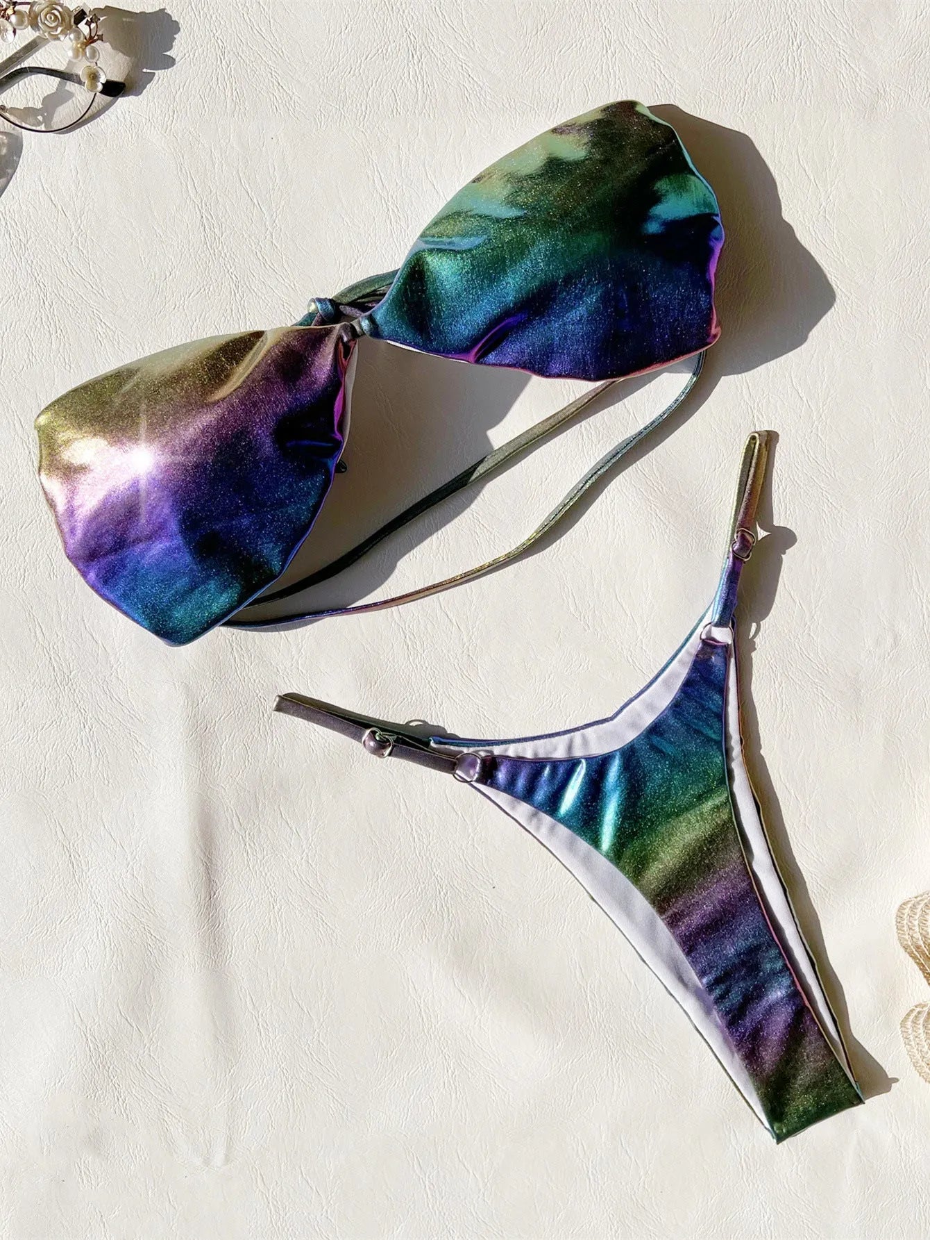 Women's gradient purple polyester bikini set for swimming and wading, shown in Asian size S