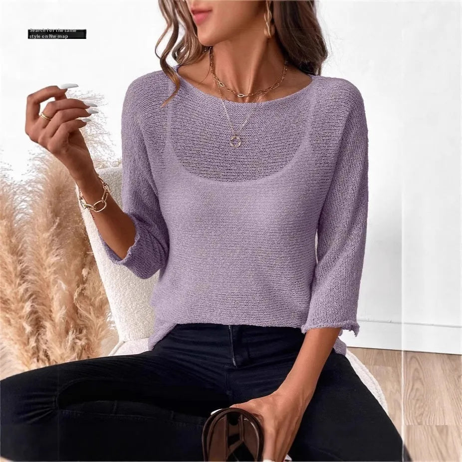 Knitted women's off-shoulder top with 3D pattern in thin polyester fabric for spring summer wear
