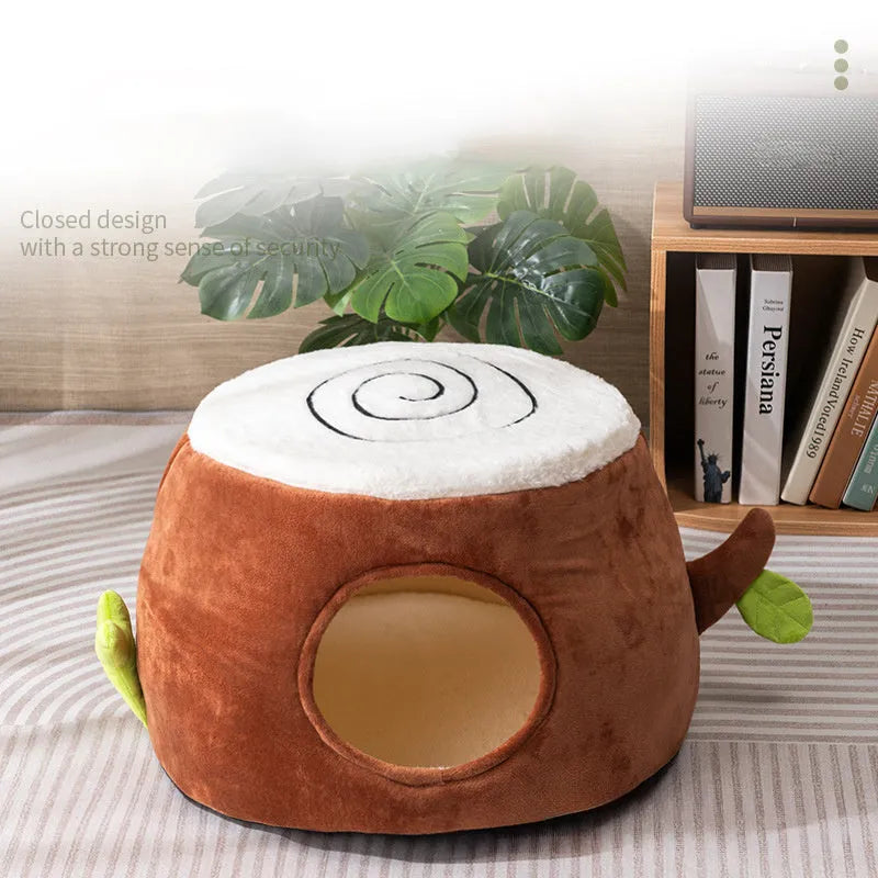 Four Season Universal Relief Pet Cat Nest in tree stump style with door, made from artificial rattan