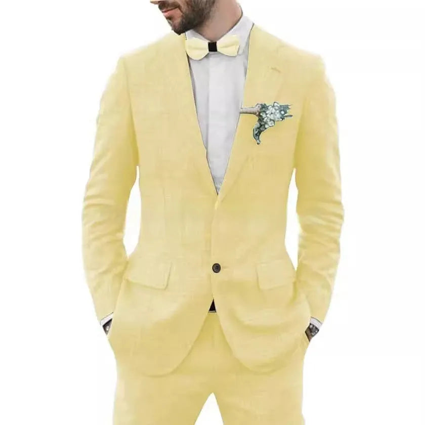 Men's slim fit wedding suit with hemp blend linen fabric in light business styling