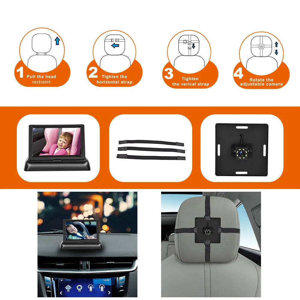 Black car baby monitor with 4.3-inch folding screen, 6-metre camera cable, and cigarette lighter power cord