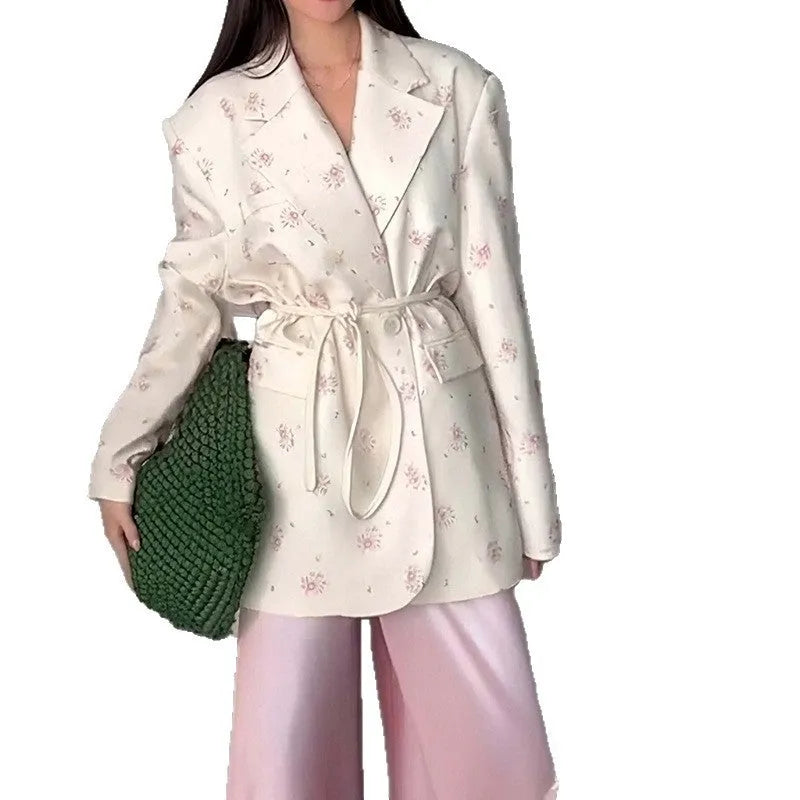 Women's lace-up waist suit jacket in polyester available in apricot white yellow and floral print colours