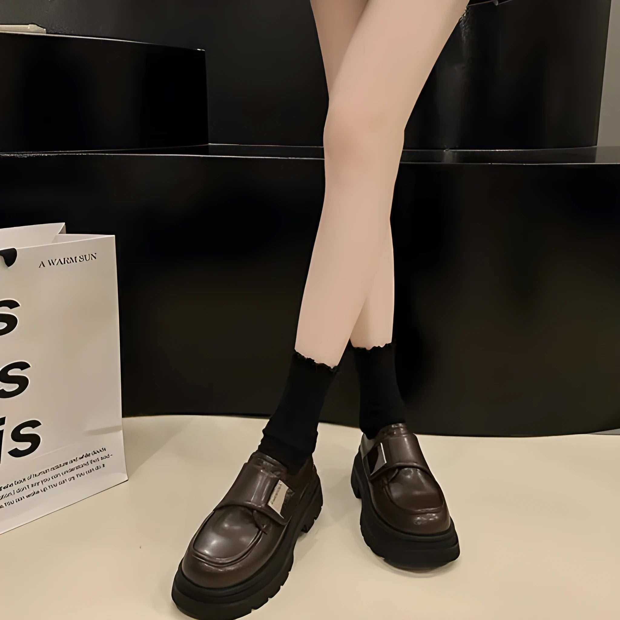 Women's chunky heel square toe shoes in black with cross strap and low top design