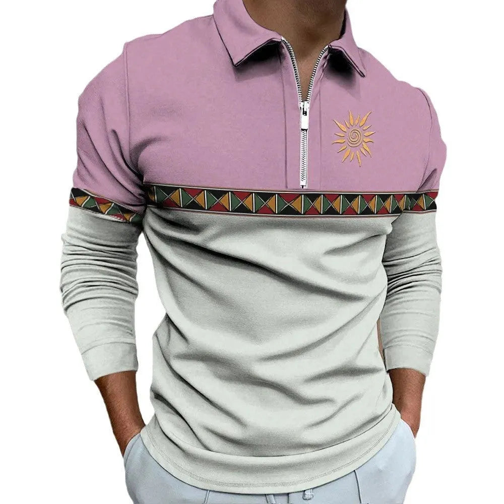 Man wearing a loose-fit long sleeve t-shirt with retro colour printing and zipper details.