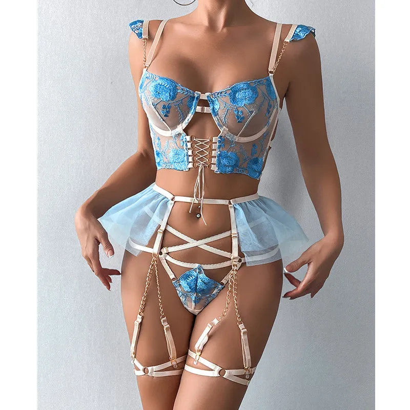 Light blue women's lace push-up bra and matching pants set on a hanger.
