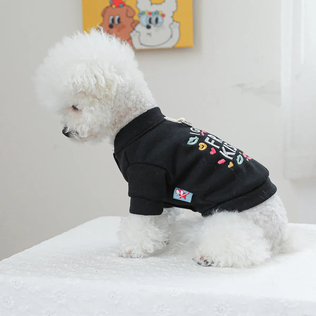 Dog wearing casual polyester pullover sweater with four-button front closure in Kiss sweater colour