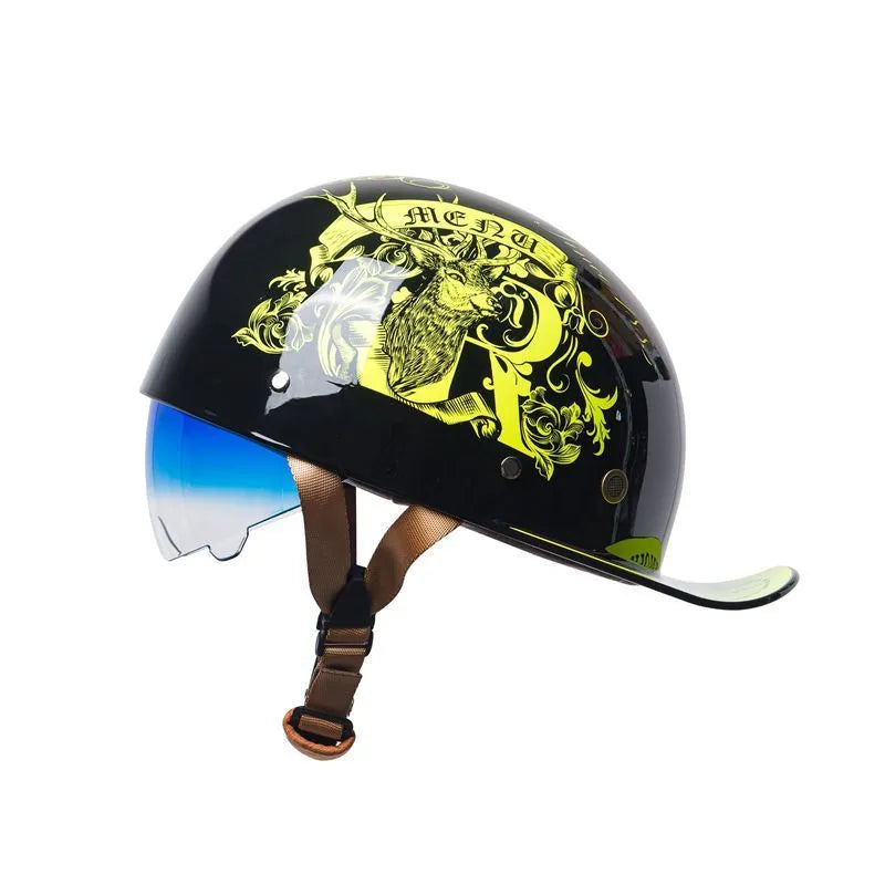 Men's retro electric bicycle half helmet in bright black with a gradient blue lens.