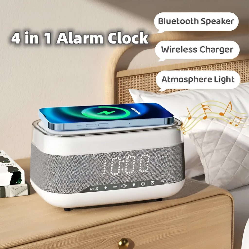 White multifunctional alarm clock unit with Bluetooth speaker and wireless charging pad.