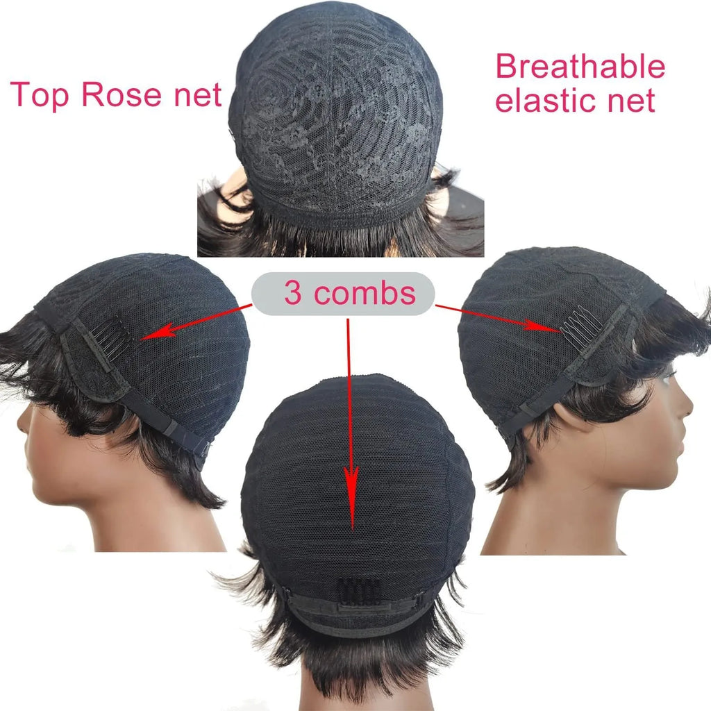 Black deep curly fringe human hair wig with bangs on a mannequin head, 12 inch length