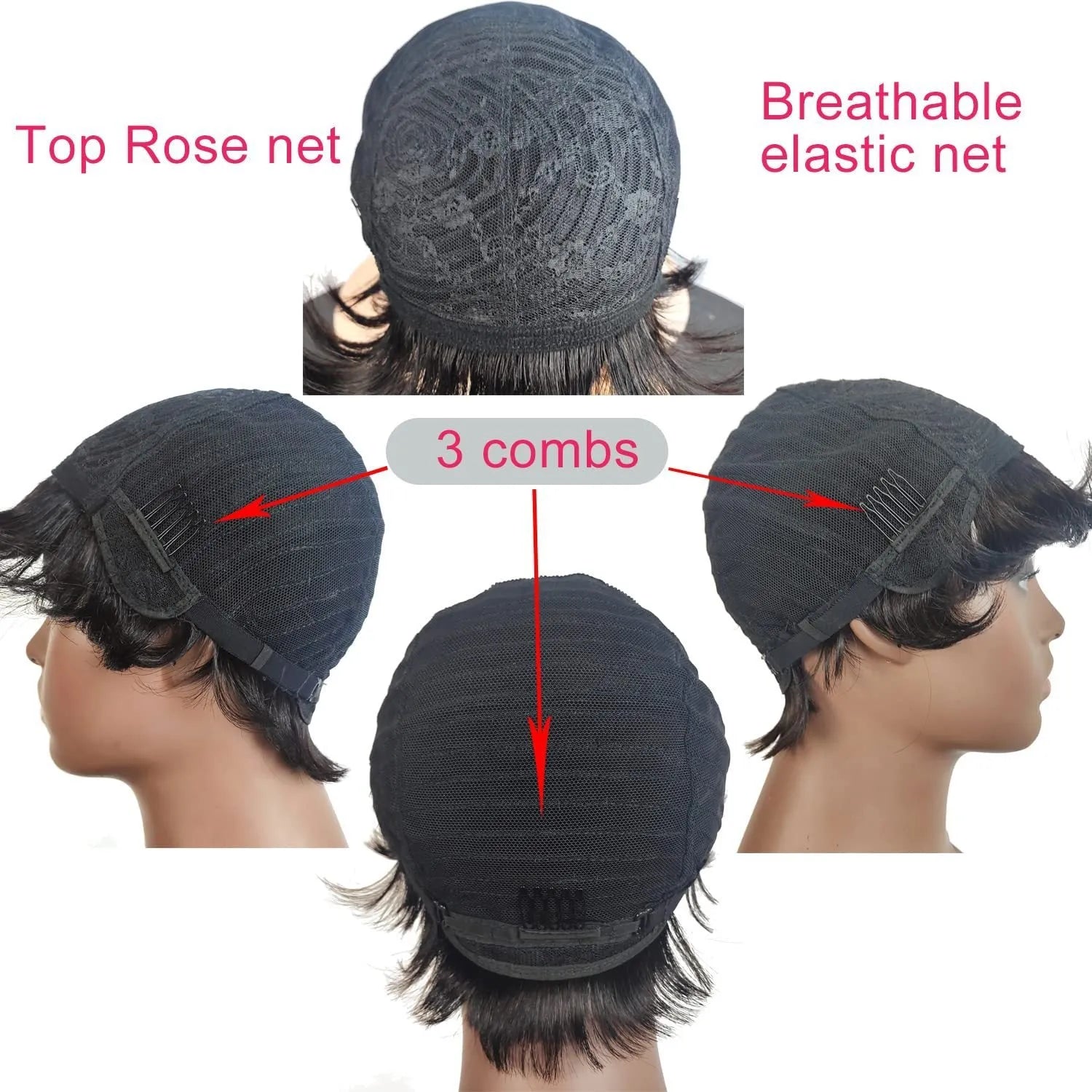 Black deep curly fringe human hair wig with bangs on a mannequin head, 12 inch length