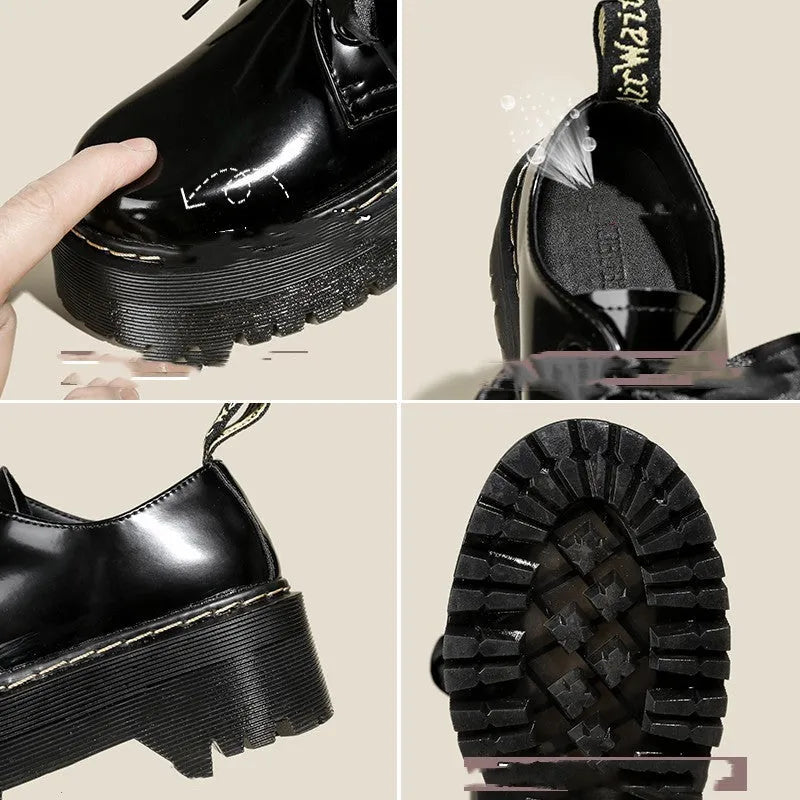 Black thick soled women's lace-up shoes with ribbon and cross strap details on superfine fibre upper