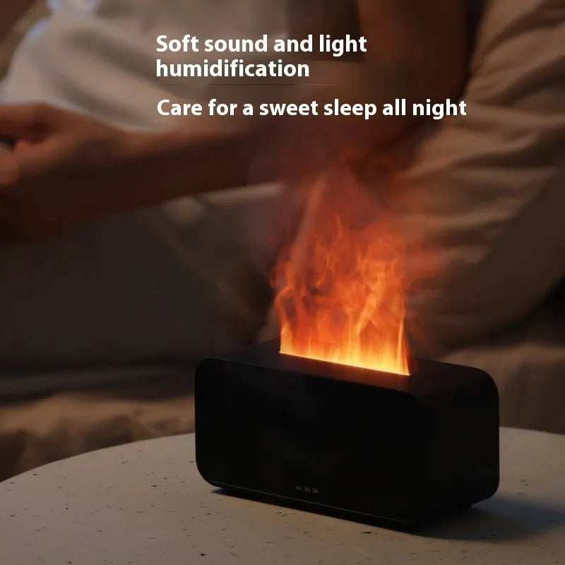 White USB aromatherapy flame diffuser humidifier with mood lighting on a wooden table.