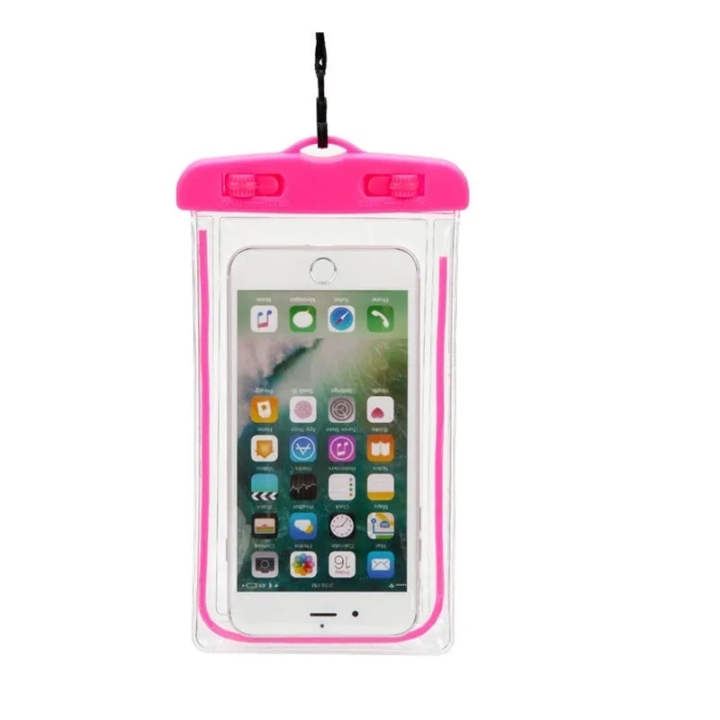 Universal waterproof luminous touch screen phone case in multiple colour options for outdoor sports.