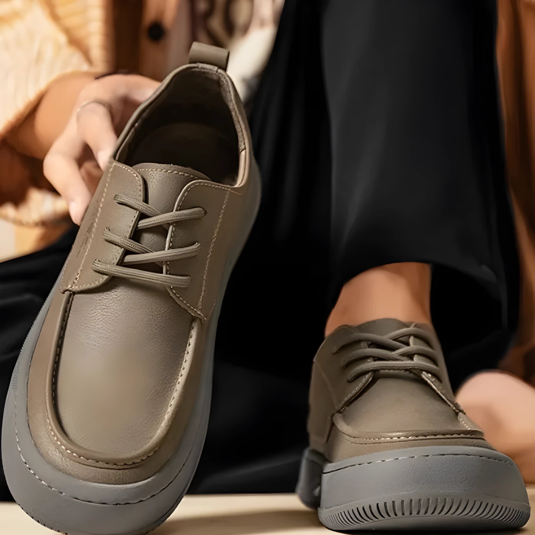 British retro brown leather casual shoes with stitching detail and rubber sole