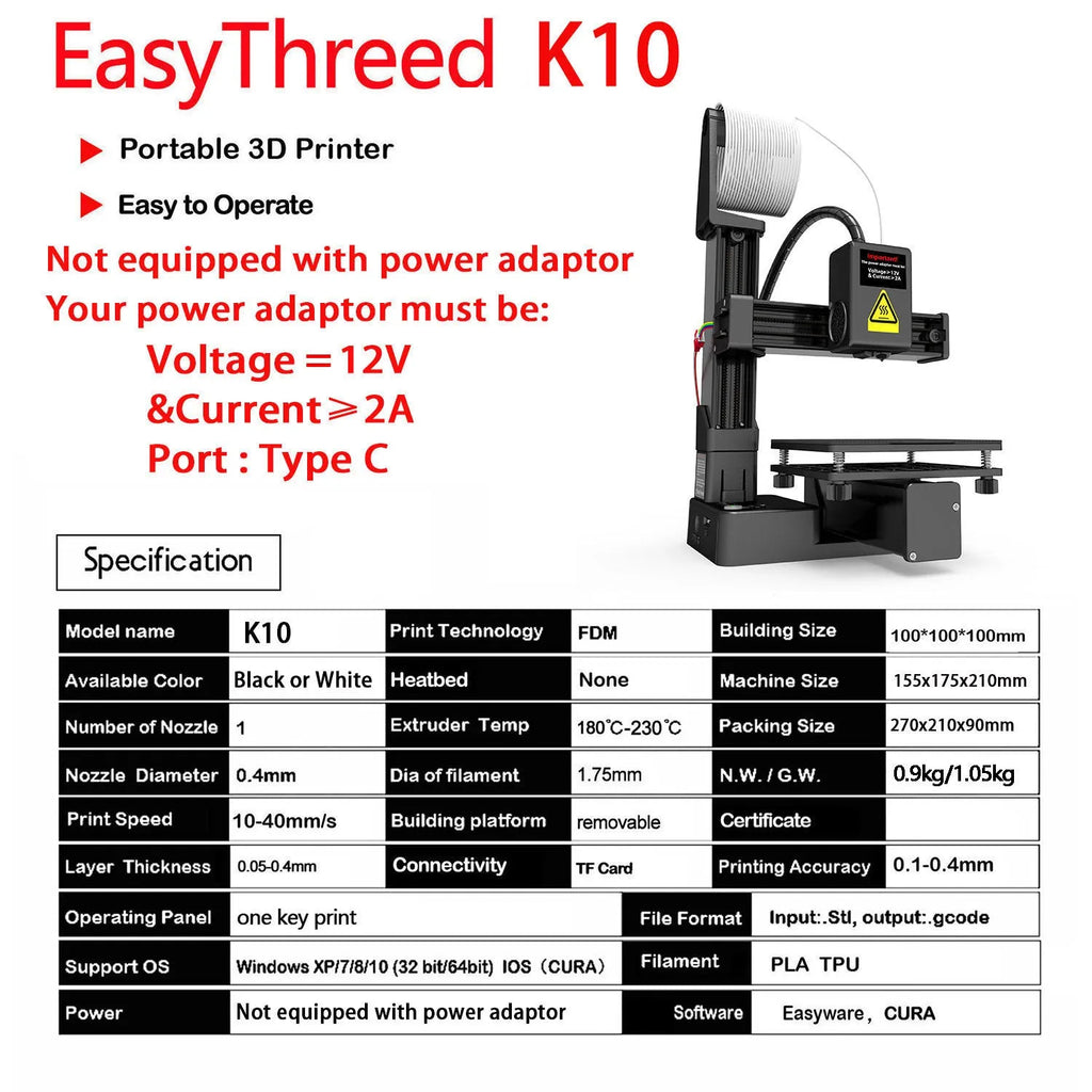 White EasyThreed K10 3D printer with desktop design and 175mm print height for TPU and PLA filaments