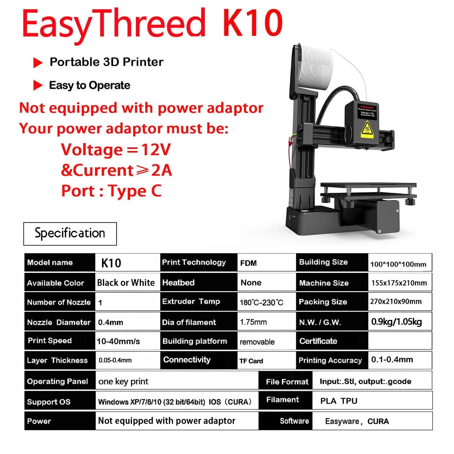 White EasyThreed K10 3D printer with desktop design and 175mm print height for TPU and PLA filaments