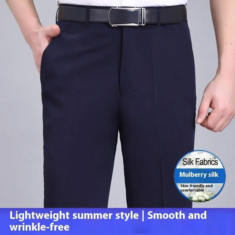 Men's straight-leg business trousers in mulberry silk blend with high-waist design