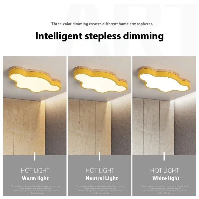 Modern cloud-shaped LED ceiling lamp in a wood tone colour, mounted on a white ceiling.