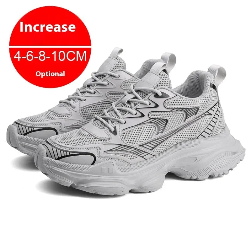 Men's white mesh height increasing casual shoes with front lace-up and rubber EVA PU sole.