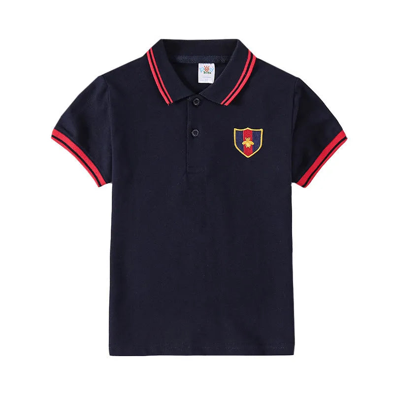 Boy's red short-sleeve cotton t-shirt with a lapel collar in a Korean style.