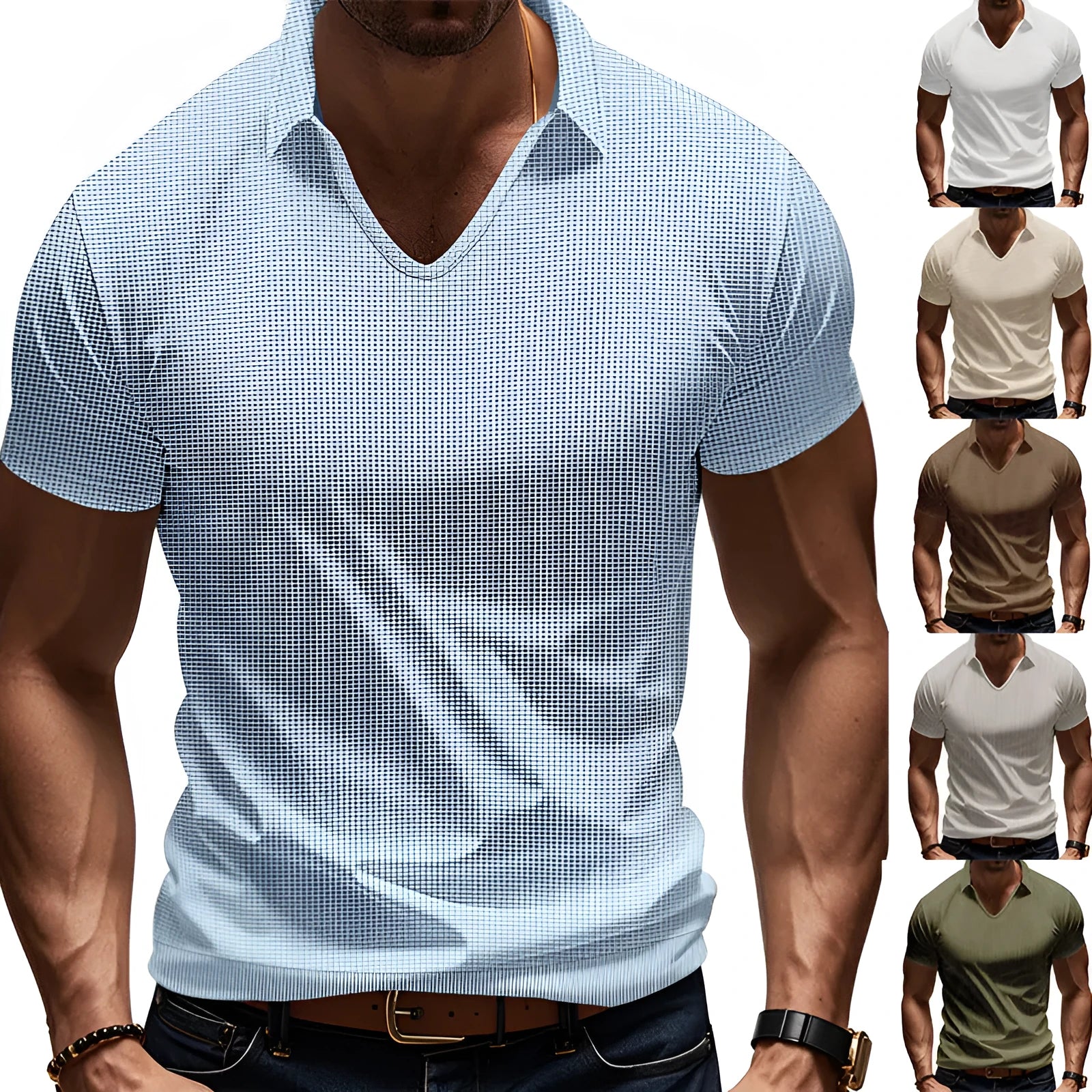 Men's loose fit V-neck casual T-shirt in cotton blend fabric, shown in Army Green colour