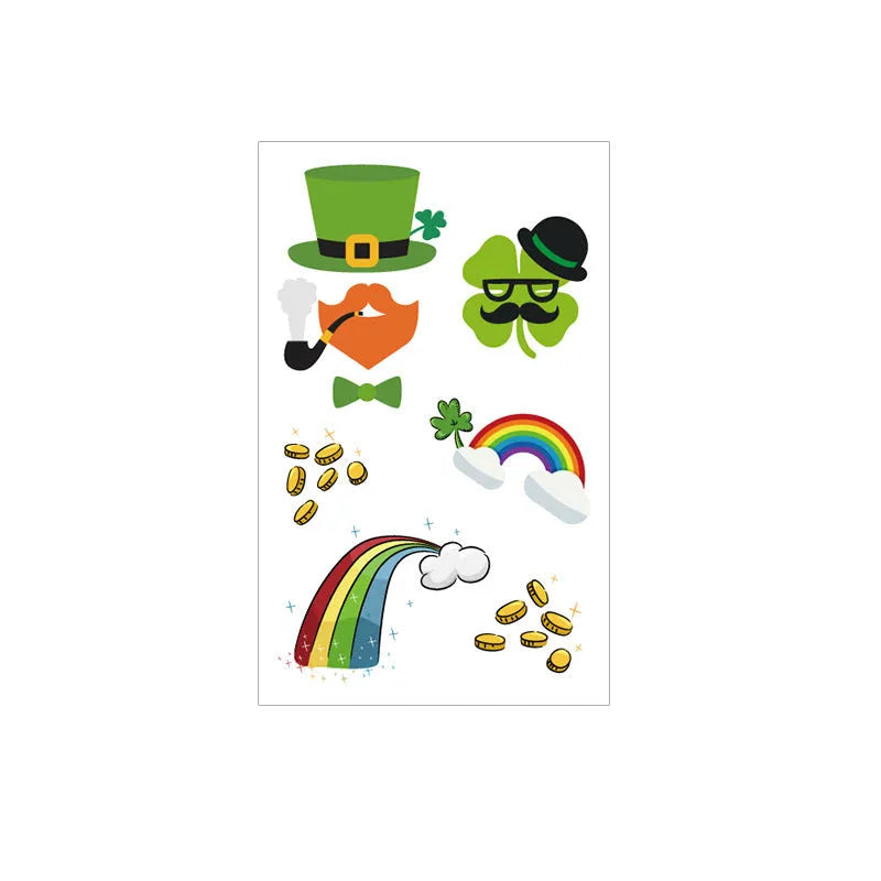Paper tattoo sticker with green clover design for St. Patrick's Day, showing 120x75mm size.