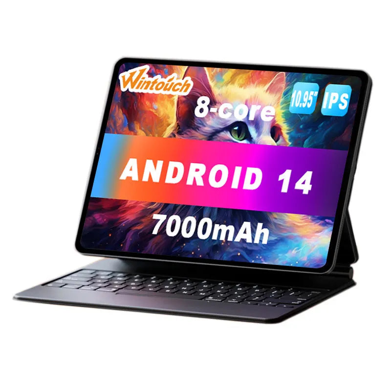 10-inch Android tablet in bare metal blue with screen displaying interface, includes accessories