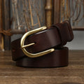 Men's genuine leather belt 3.3cm wide with copper buckle, retro casual style, khaki colour, pin-buckle fastening
