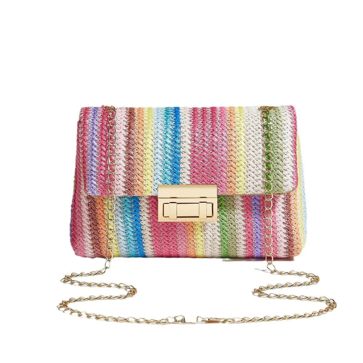 Women's small square straw cross-body bag with internal phone compartment in rainbow colour