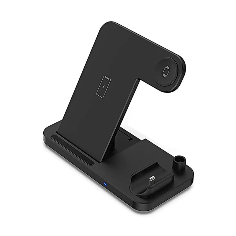 Black four-in-one wireless charging station with QC3.0 fast charging head for multiple devices