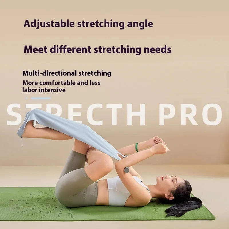 Grey and pink yoga stretching tool for shoulder, back, and hip flexibility exercises