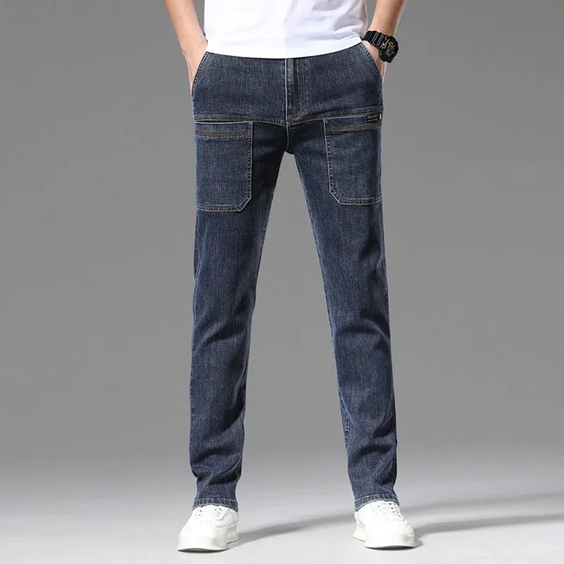 Men's straight-leg multi-pocket denim jeans in black, dark blue, and light blue colours, sizes 28 to 38