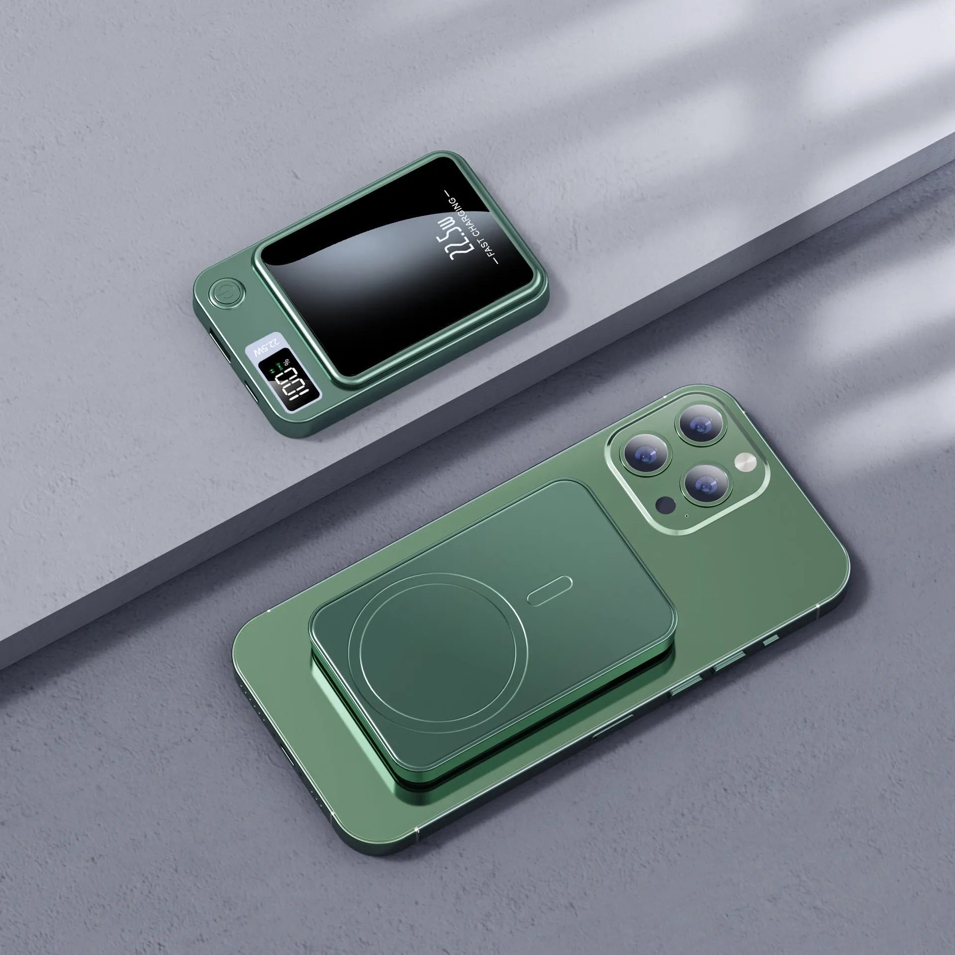 Wireless Magsafe power bank in black with compact industrial design showing charging surface