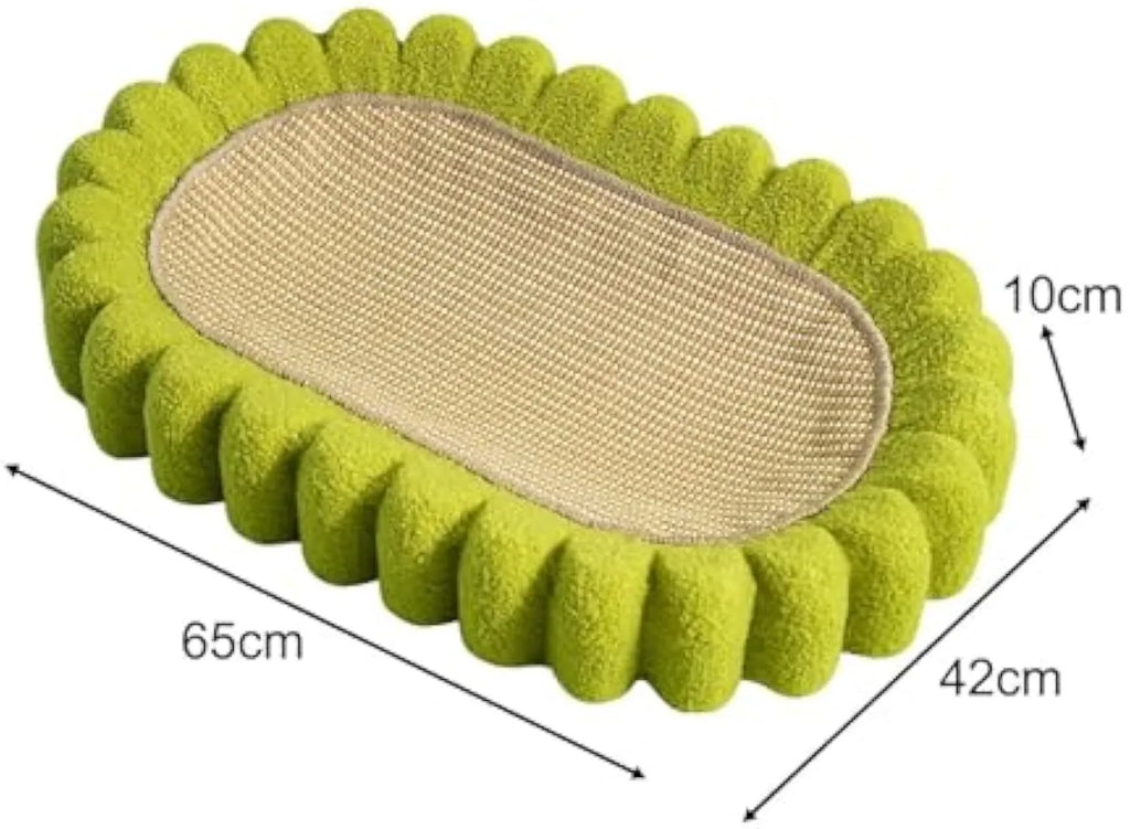 Green oval cat scratch pad bowl made of sisal measuring 650mm x 420mm